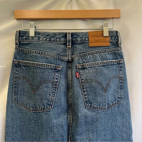 Levi's Premium Denim Jean Button Fly Midi Skirt Raw Hem Distressed Size 26 Slit - Picture 6 of 12